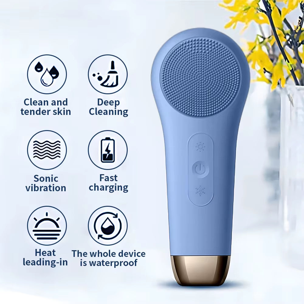 Facial Cleanser with Red Blue Light Cold and Hot Compress, Vibrating and Efficient Pore Cleaning Silicone Gel Facial Cleanser
