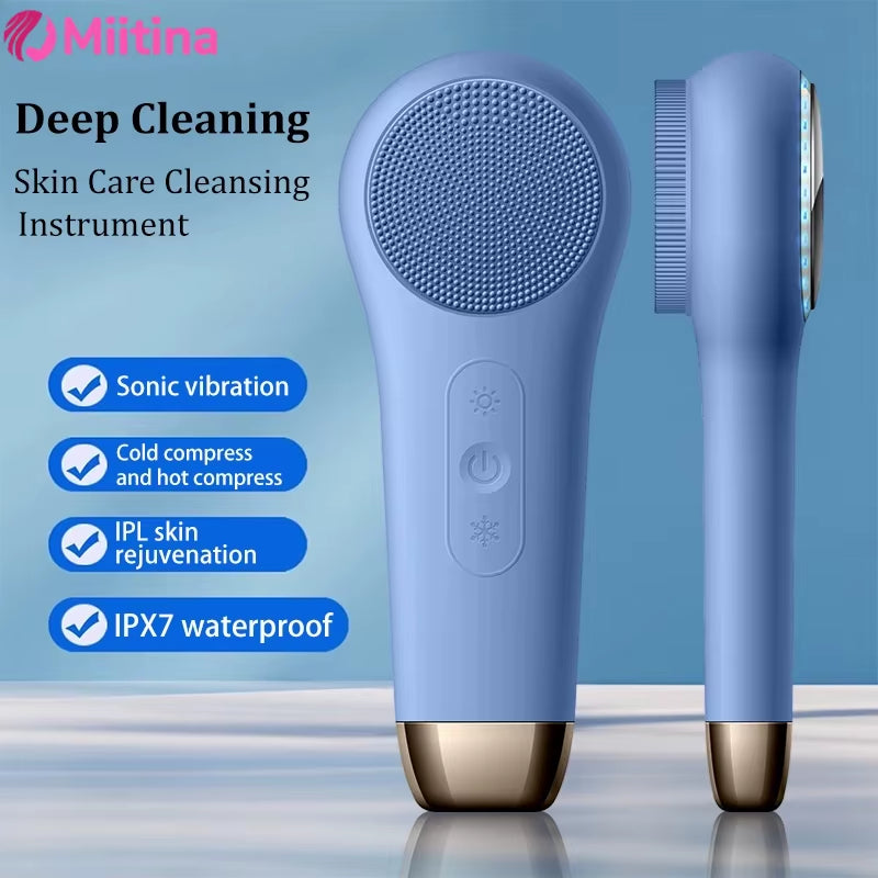 Facial Cleanser with Red Blue Light Cold and Hot Compress, Vibrating and Efficient Pore Cleaning Silicone Gel Facial Cleanser