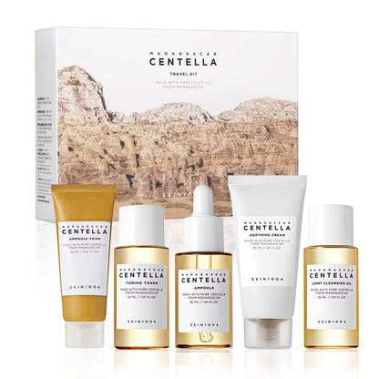 Korean Skin Care Centella Travel Kit Toner, Ampoule, Soothing Cream, Cleansing Oil, Foam, Basic Skincare Box 5Pcs Set Gift Set