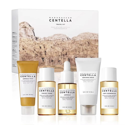 Korean Skin Care Centella Travel Kit Toner, Ampoule, Soothing Cream, Cleansing Oil, Foam, Basic Skincare Box 5Pcs Set Gift Set