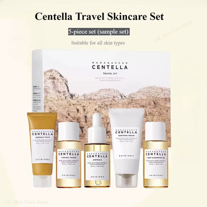 Korean Skin Care Centella Travel Kit Toner, Ampoule, Soothing Cream, Cleansing Oil, Foam, Basic Skincare Box 5Pcs Set Gift Set