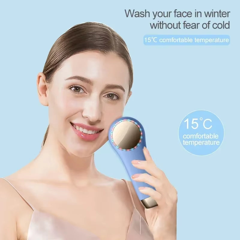 Facial Cleanser with Red Blue Light Cold and Hot Compress, Vibrating and Efficient Pore Cleaning Silicone Gel Facial Cleanser