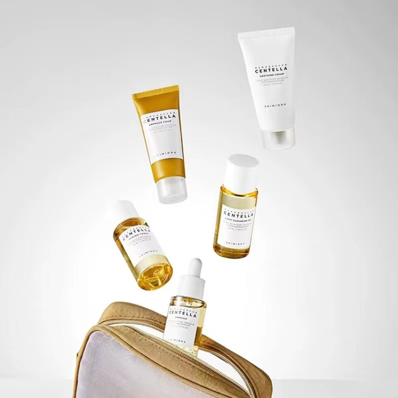 Korean Skin Care Centella Travel Kit Toner, Ampoule, Soothing Cream, Cleansing Oil, Foam, Basic Skincare Box 5Pcs Set Gift Set