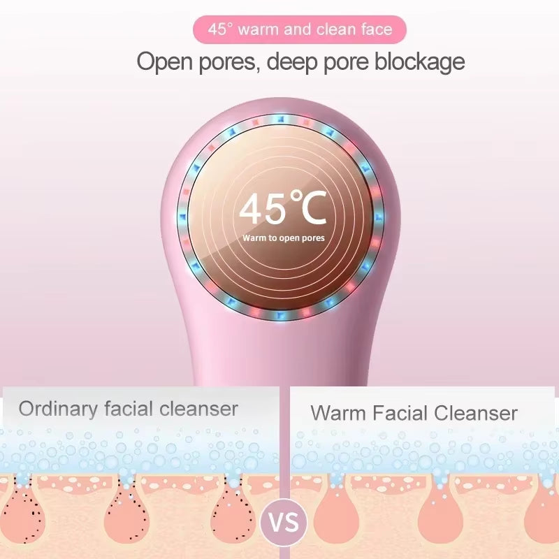 Facial Cleanser with Red Blue Light Cold and Hot Compress, Vibrating and Efficient Pore Cleaning Silicone Gel Facial Cleanser