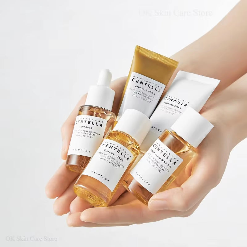 Korean Skin Care Centella Travel Kit Toner, Ampoule, Soothing Cream, Cleansing Oil, Foam, Basic Skincare Box 5Pcs Set Gift Set