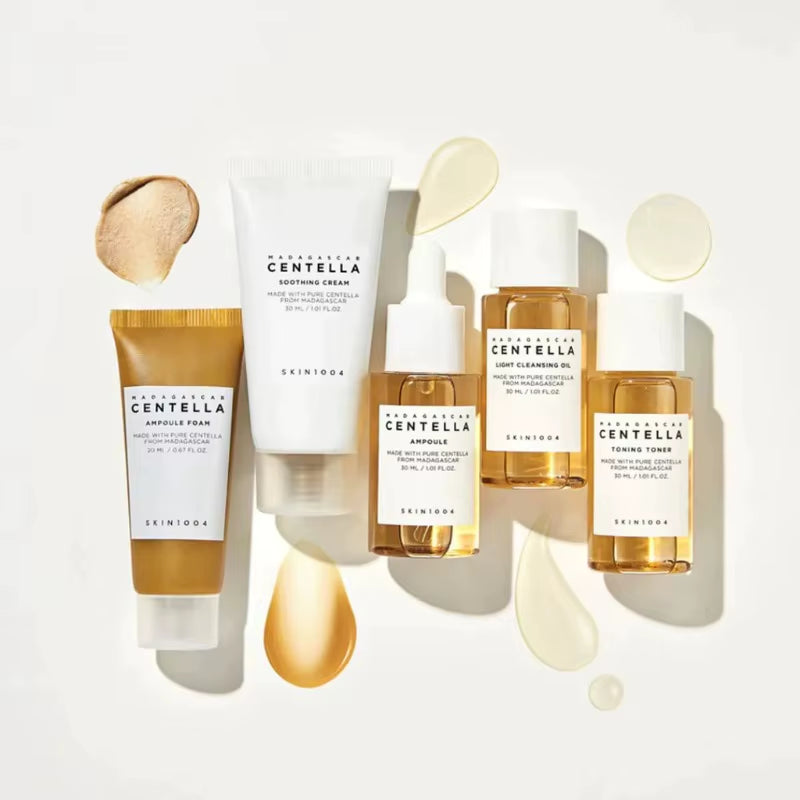 Korean Skin Care Centella Travel Kit Toner, Ampoule, Soothing Cream, Cleansing Oil, Foam, Basic Skincare Box 5Pcs Set Gift Set