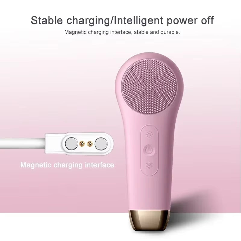 Facial Cleanser with Red Blue Light Cold and Hot Compress, Vibrating and Efficient Pore Cleaning Silicone Gel Facial Cleanser